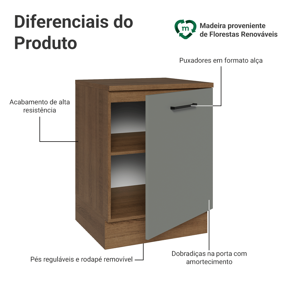 Balcão Madesa Agata 60 x 60 cm 1 Porta (Com Tampo) Rustic/Cinza