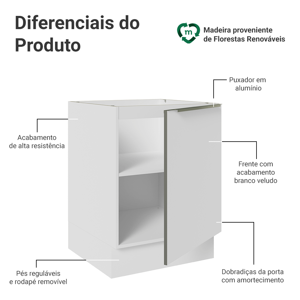 Balcão de Cozinha 60 x 60 cm 1 Porta (Sem Tampo) Branco/Branco Veludo Lux Madesa