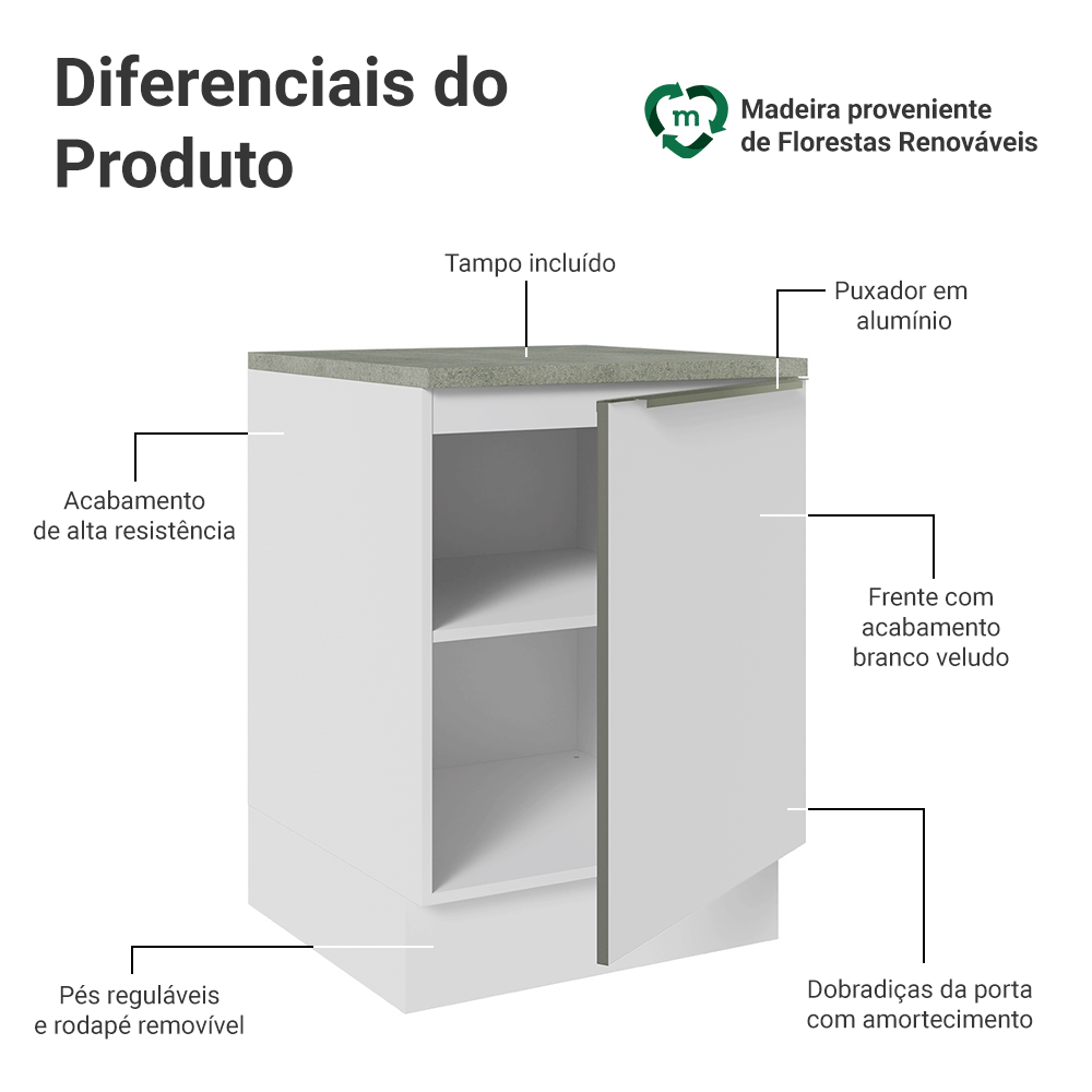 Balcão 60 x 60 cm 1 Porta (Com Tampo) Branco/Branco Veludo Lux Madesa