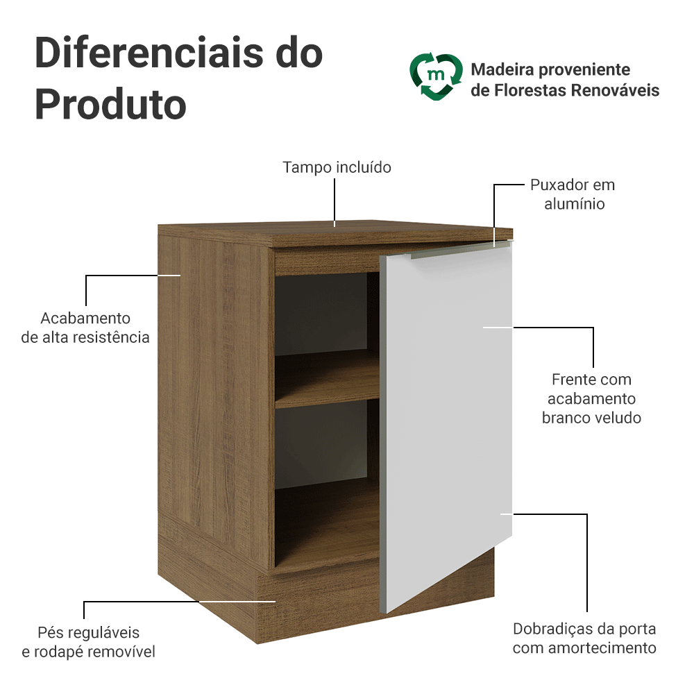 Balcão 60 x 60 cm 1 Porta (Com Tampo) Rustic/Branco Veludo Lux Madesa