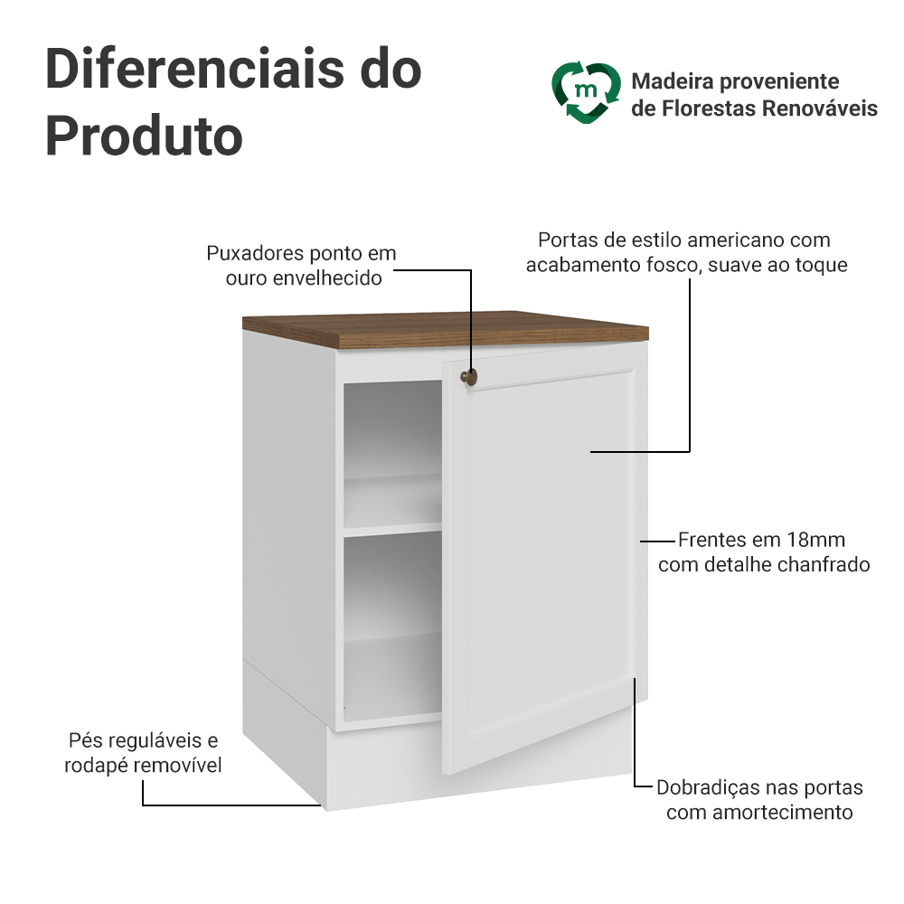 Balcão de Cozinha 60 x 60 cm 1 Porta (Com Tampo) Branco/Rustic Vik Madesa