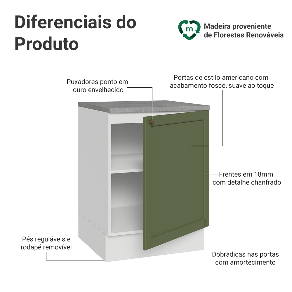 Balcão de Cozinha 60 x 60 cm 1 Porta (Com Tampo) Branco/Verde Vik Madesa