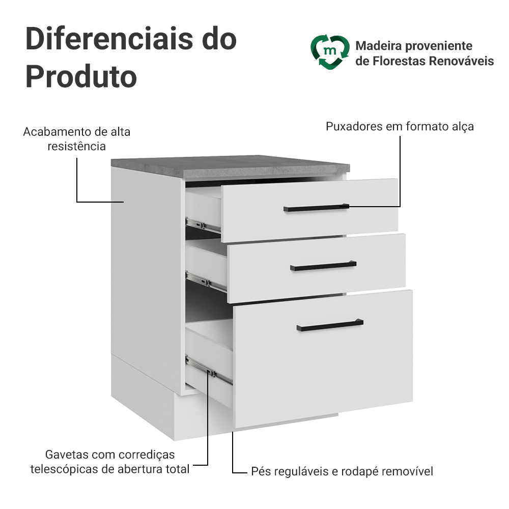 Balcão Madesa Agata 60 x 60 cm 3 Gavetas (Com Tampo) Branco