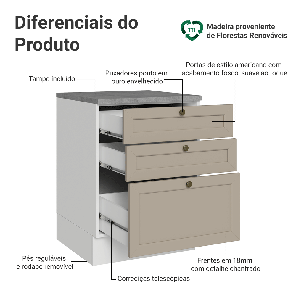 Balcão de Cozinha 60 x 60 cm 3 Gavetas (Com Tampo) Branco/Crema Vik Madesa