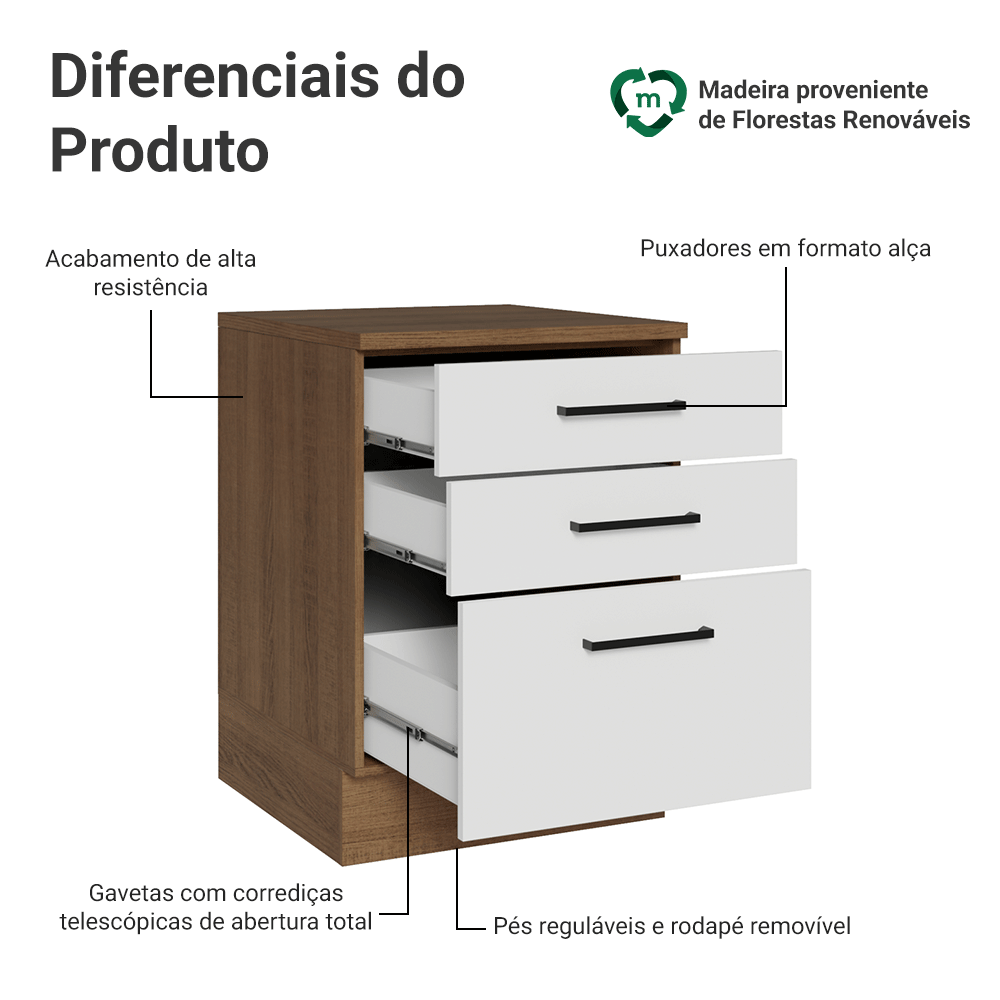 Balcão Madesa Agata 60 x 60 cm 3 Gavetas (Com Tampo) Rustic/Branco