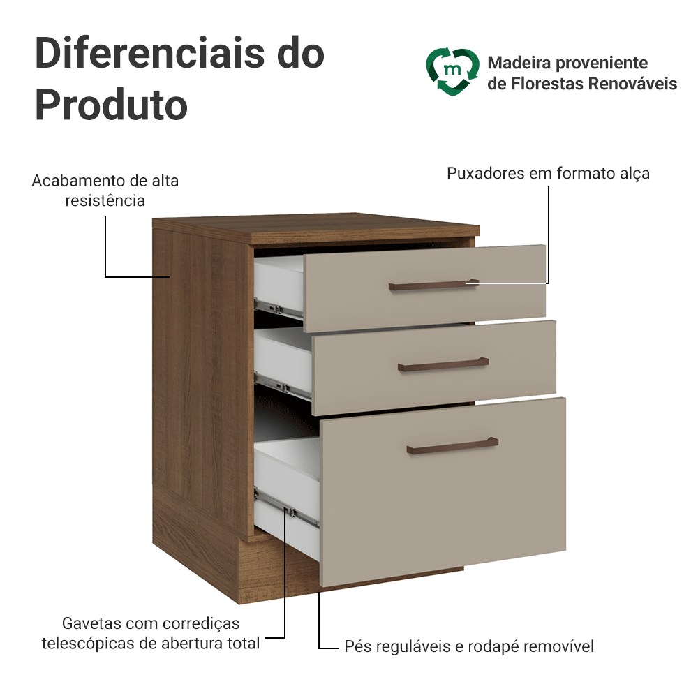 Balcão 60 x 60 cm 3 Gavetas (Com Tampo) Rustic/Crema Agata Madesa