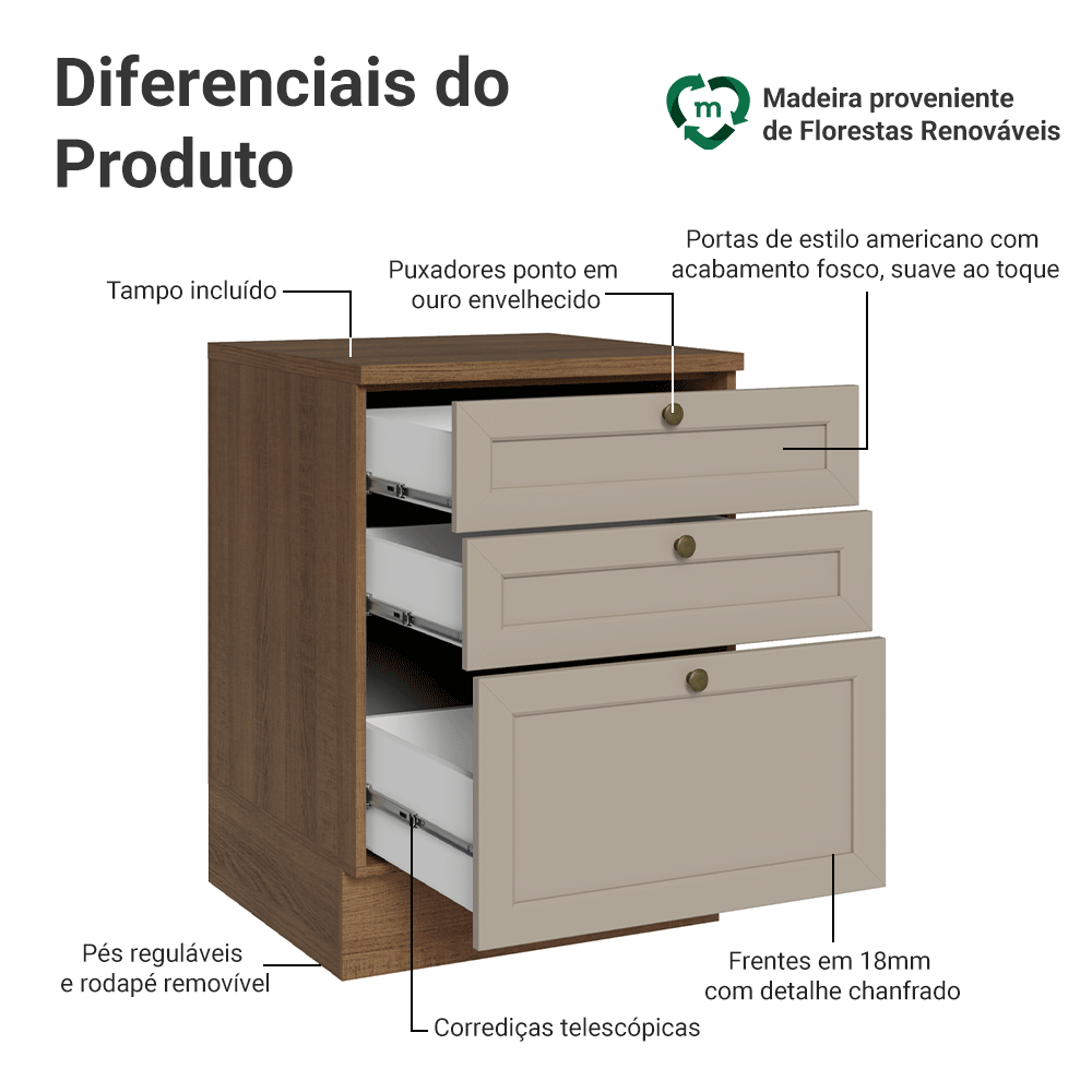 Balcão de Cozinha 60 x 60 cm 3 Gavetas (Com Tampo) Rustic/Crema Vik Madesa
