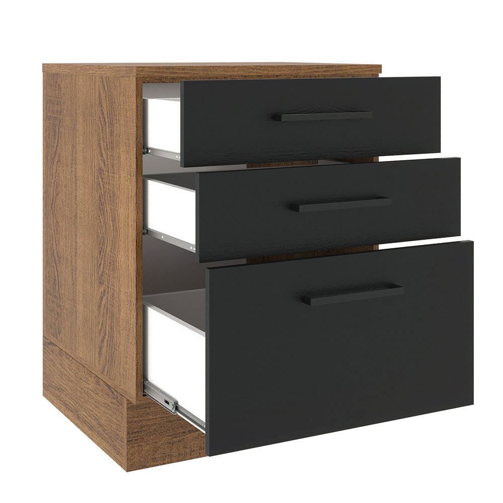 Balcão Madesa Agata 60 x 60 cm 3 Gavetas (Com Tampo) Rustic/Preto