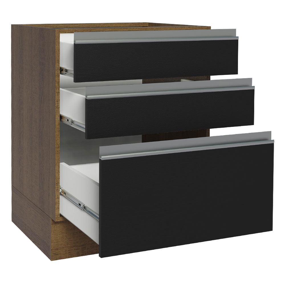 Balcão Cozinha 60 x 60 cm 3 Gavetas (Sem Tampo) Rustic/Preto Glamy Madesa