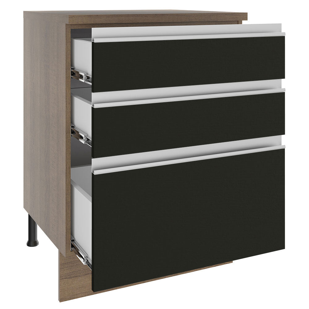 Balcão Madesa Glamy 60 x 60 cm 3 Gavetas (Com Tampo) Rustic/Preto