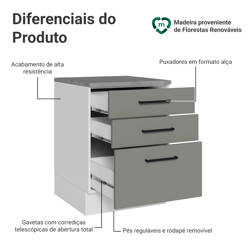 Balcão Madesa Agata 60 x 60 cm 3 Gavetas (Com Tampo) Branco/Cinza