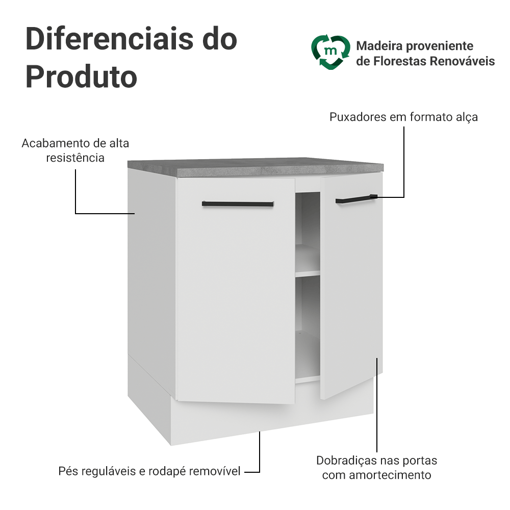 Balcão de Cozinha Madesa Agata 70 x 60 cm 2 Portas (Com Tampo) Branco