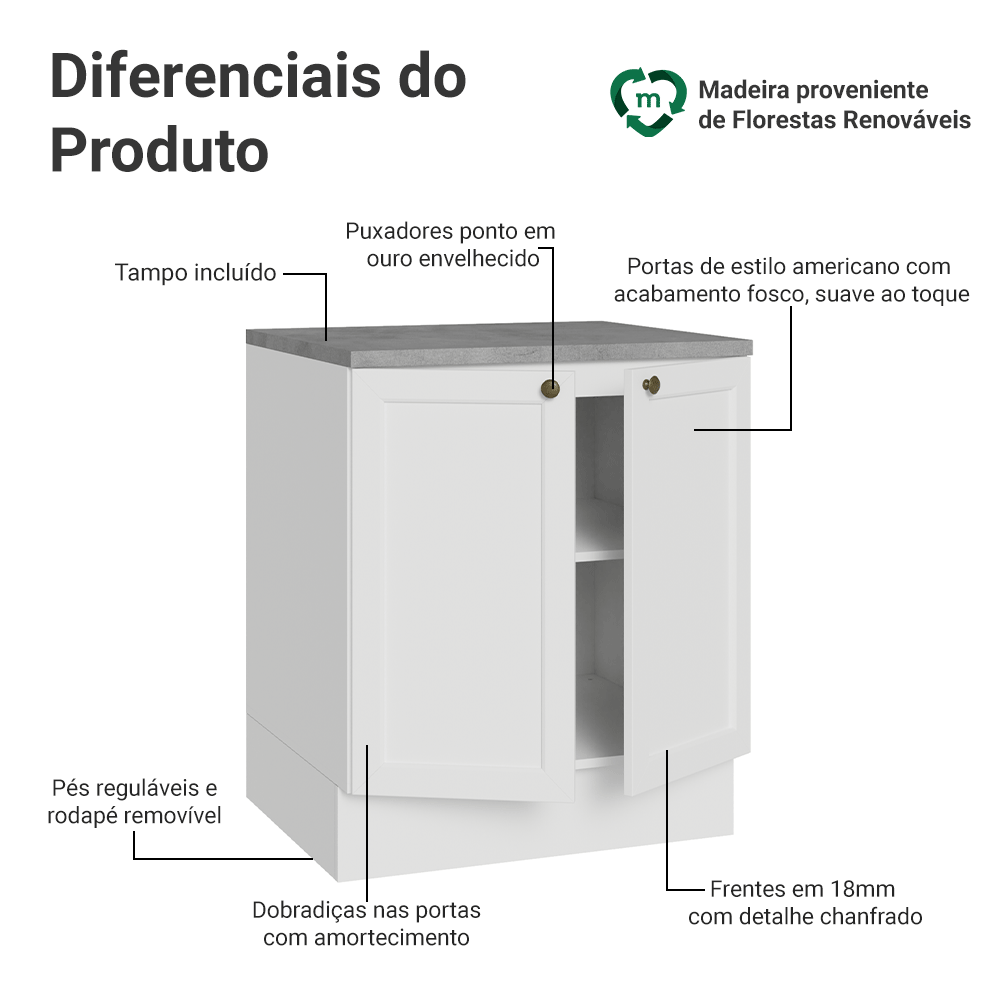 Balcão de Cozinha 70 x 60 cm 2 Portas (Com Tampo) Branco Vik Madesa
