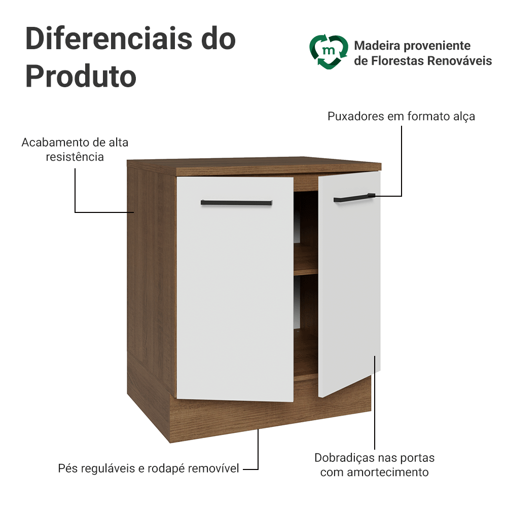Balcão de Cozinha Madesa Agata 70 x 60 cm 2 Portas (Com Tampo) Rustic/Branco