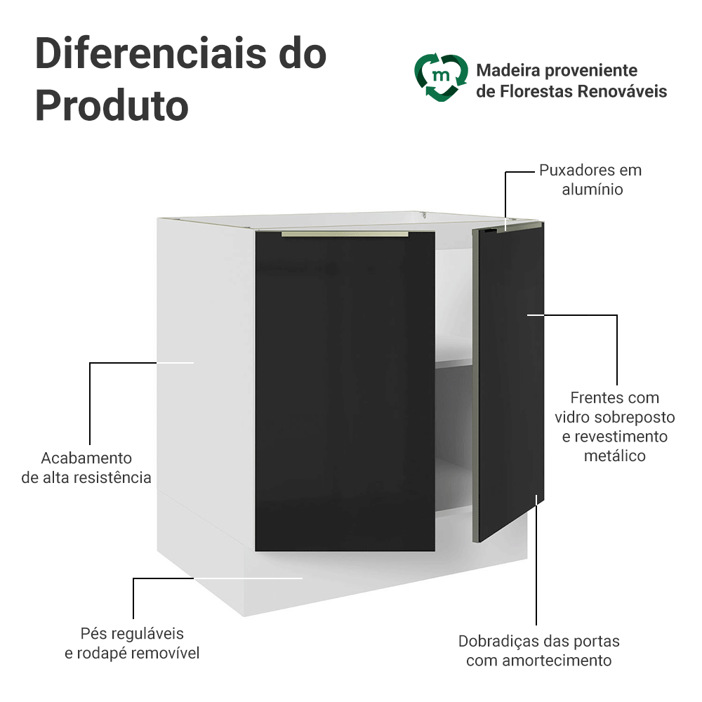 Balcão de Cozinha 70 x 60 cm 2 Portas (Sem Tampo) Branco/Preto Lux Madesa