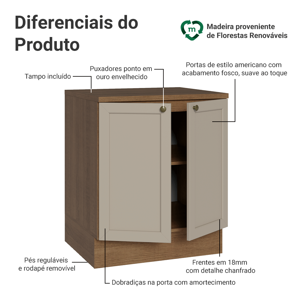 Balcão de Cozinha 70 x 60 cm 2 Portas (Com Tampo) Rustic/Crema Vik Madesa