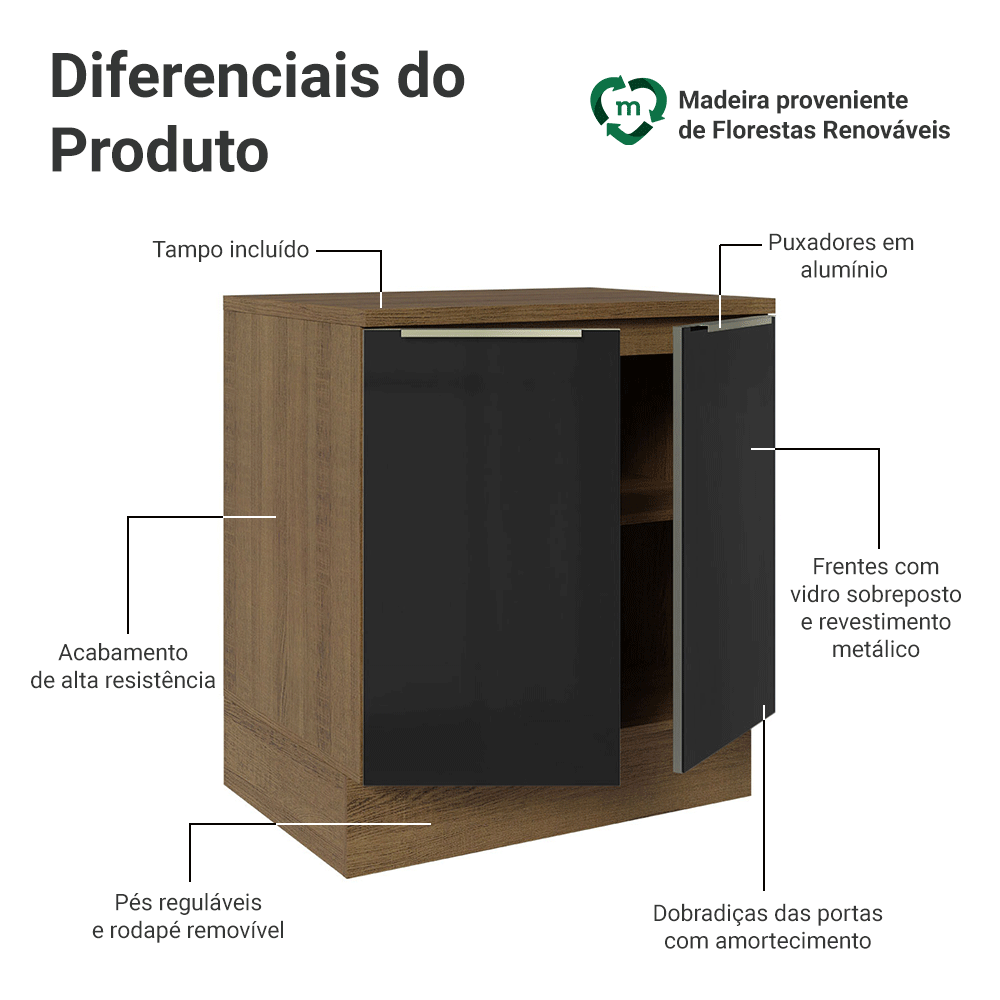 Balcão de Cozinha 70 x 60 cm 2 Portas (Com Tampo) Rustic/Preto Lux Madesa
