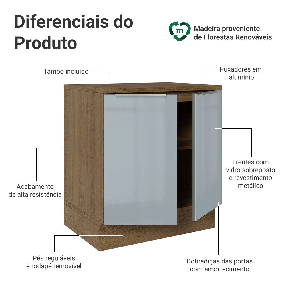 Balcão de Cozinha 70 x 60 cm 2 Portas (Com Tampo) Rustic/Cinza Lux Madesa