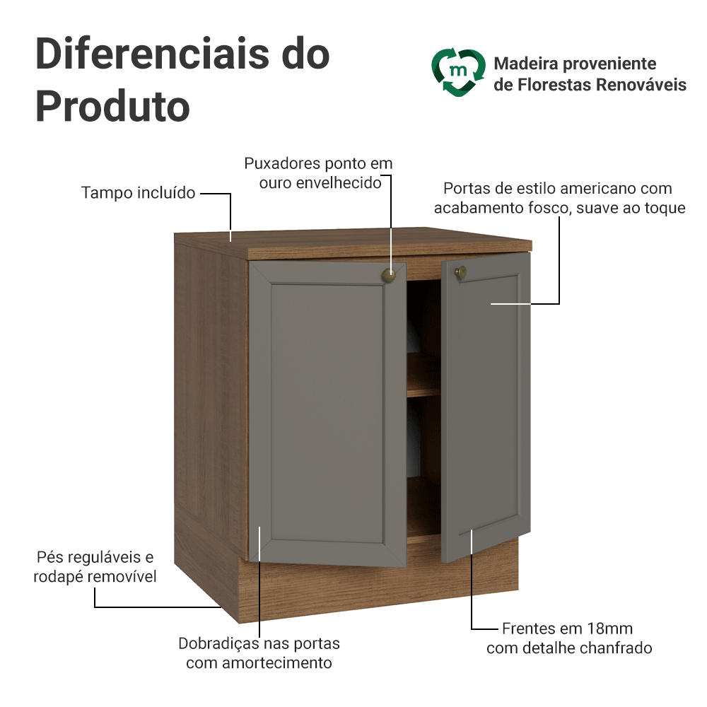 Balcão de Cozinha 70 x 60 cm 2 Portas (Com Tampo) Rustic/Cinza Vik Madesa