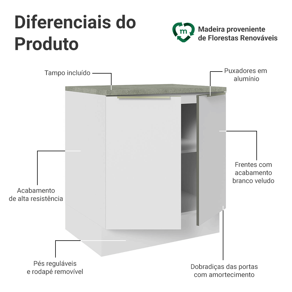 Balcão de Cozinha 70 x 60 cm 2 Portas (Com Tampo) Branco/Branco Veludo Lux Madesa