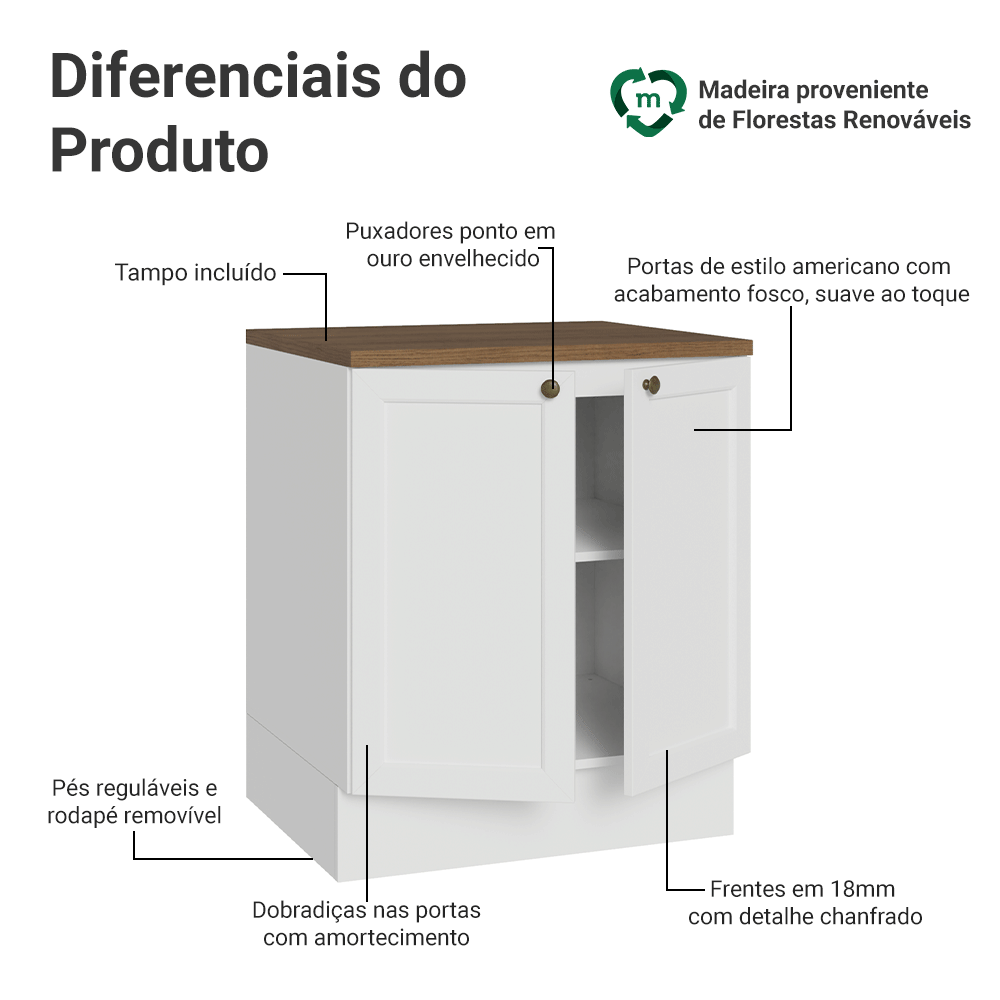 Balcão de Cozinha 70 x 60 cm 2 Portas (Com Tampo) Branco/Rustc Vik Madesa