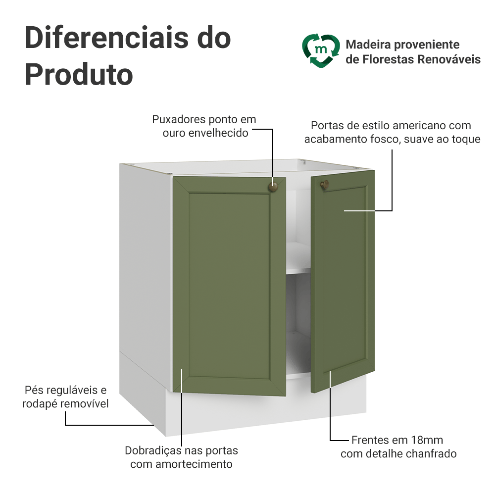 Balcão de Cozinha 70 x 60 cm 2 Portas (Sem Tampo) Branco/Verde Vik Madesa