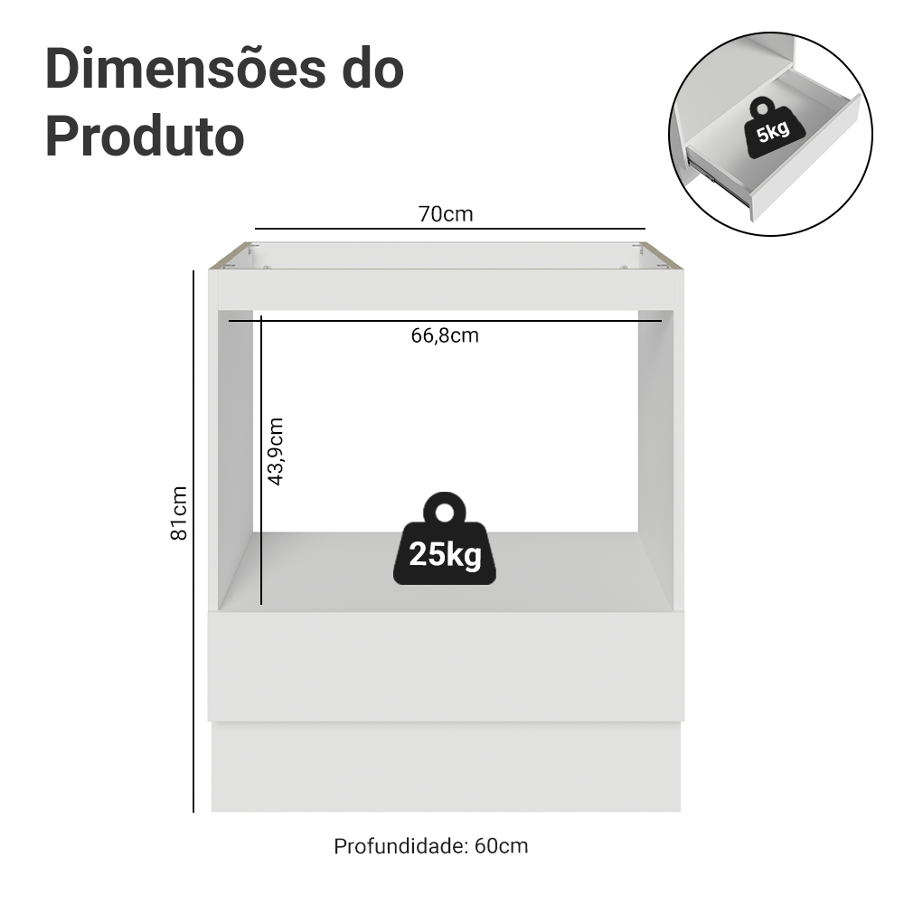 Balcão para Forno/Micro-ondas 70 x 60 cm 1 Gaveta (Sem Tampo) Branco Madesa