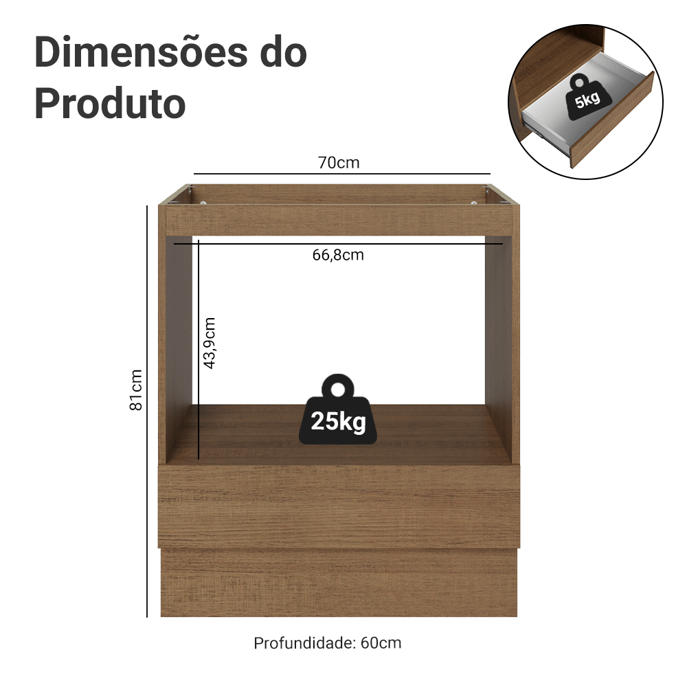 Balcão para Forno/Micro-ondas 70 x 60 cm 1 Gaveta (Sem Tampo) Rustic Madesa