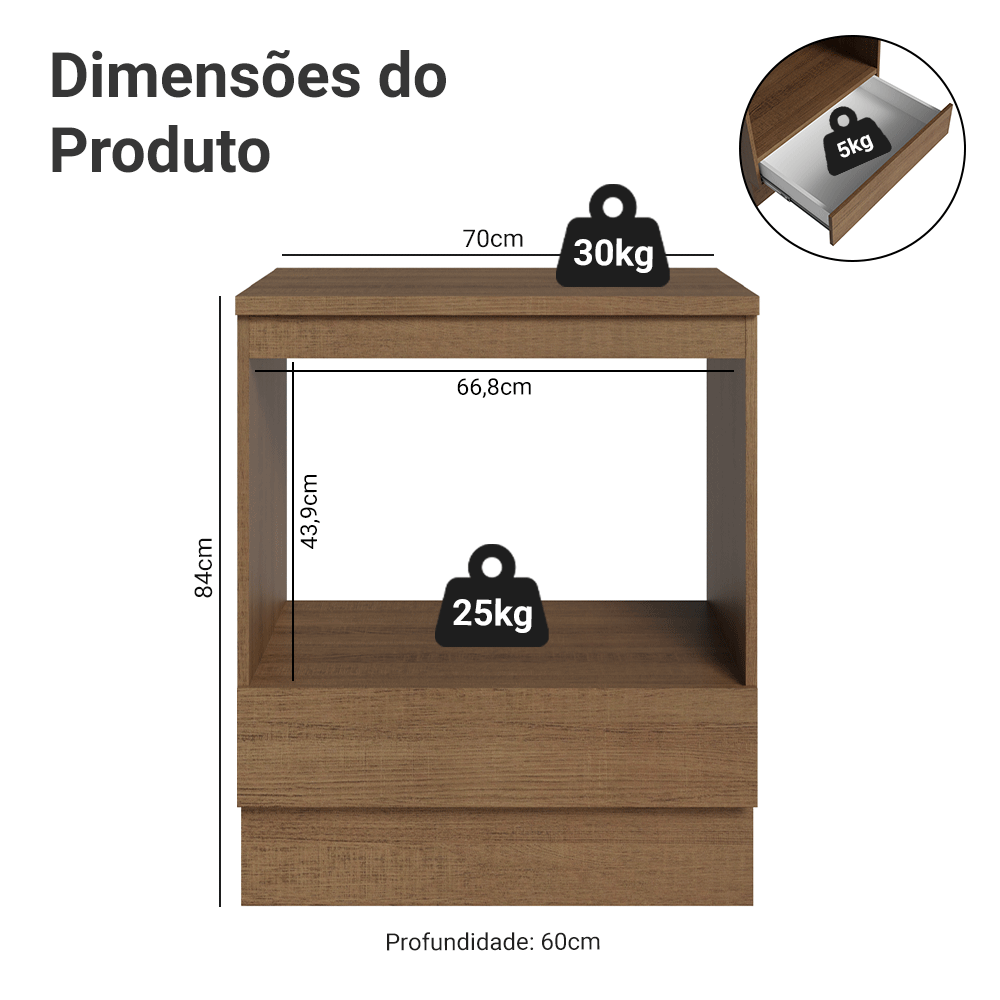 Balcão para Forno/Micro-ondas 70 x 60 cm 1 Gaveta (Com Tampo) Rustic Madesa