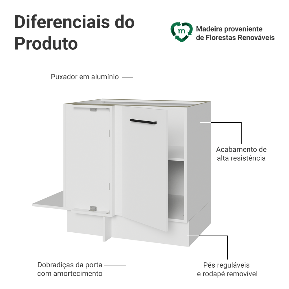 Balcão de Canto Madesa Agata 1 Porta 60 cm Profundidade (Sem Tampo) Branco