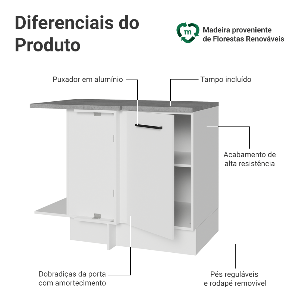 Balcão de Canto Madesa Agata 1 Porta 60 cm Profundidade (Com Tampo) Branco