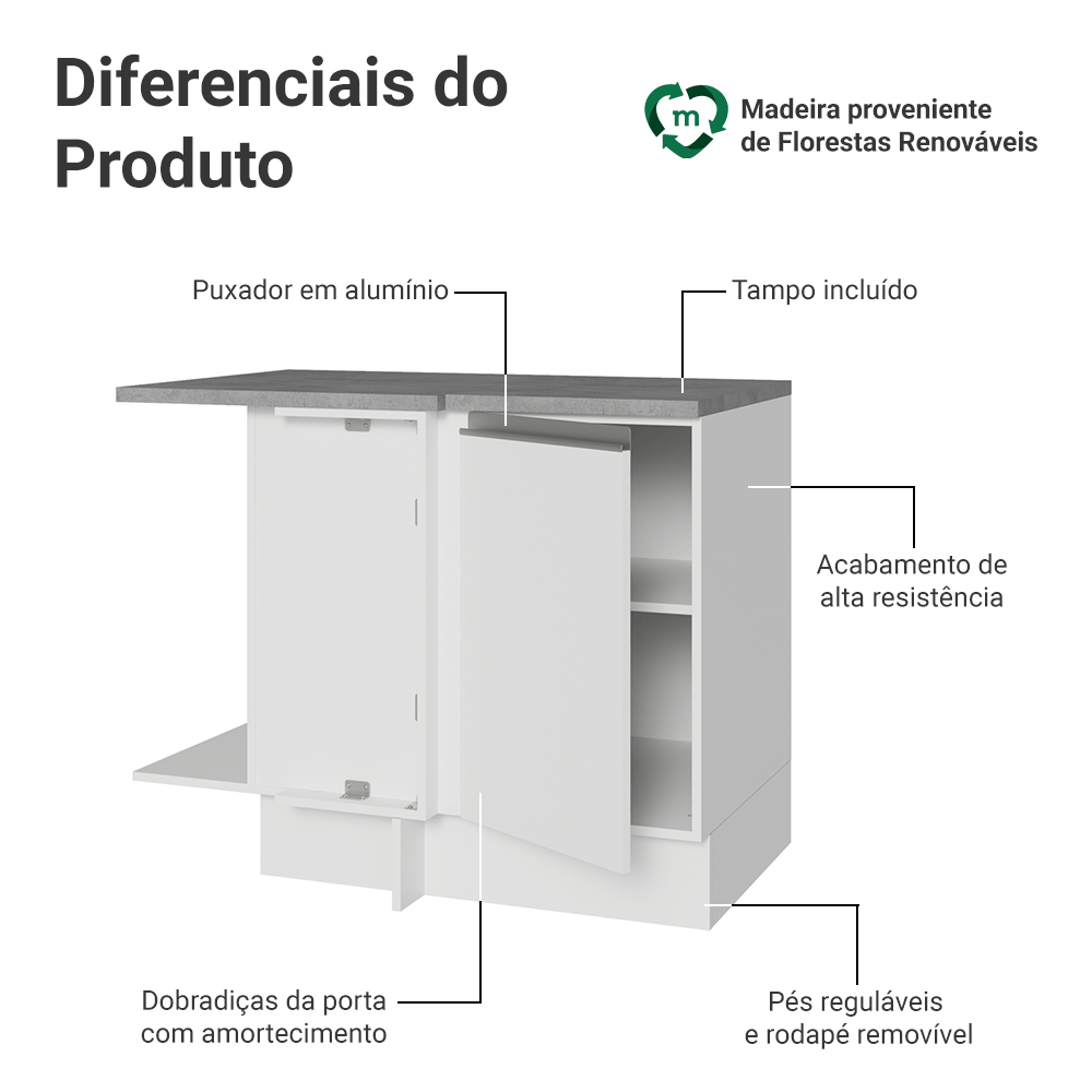Balcão de Canto Madesa Glamy 1 Porta 60 cm Profundidade (Com Tampo) Branco