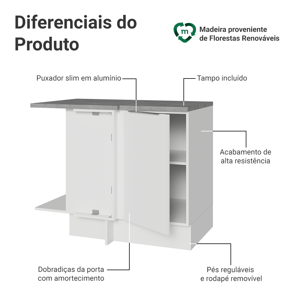 Balcão de Canto Madesa Stella 1 Porta 60 cm Profundidade (Com Tampo) Branco