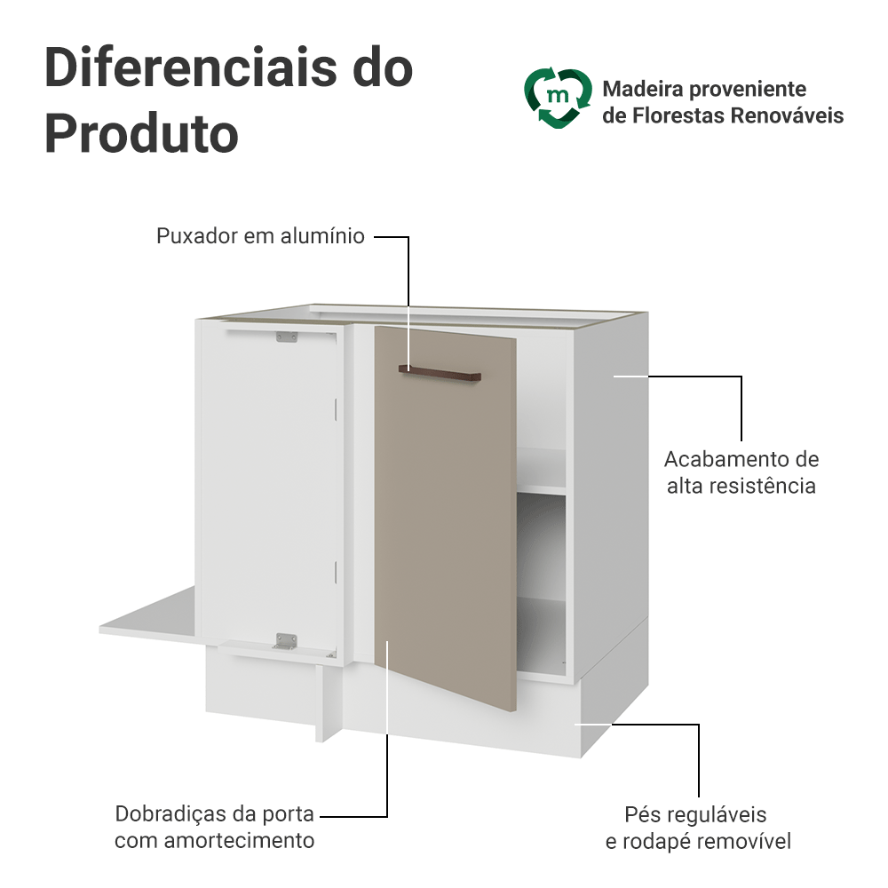Balcão de Canto 1 Porta 60 cm Profundidade (Sem Tampo) Branco/Crema Agata Madesa