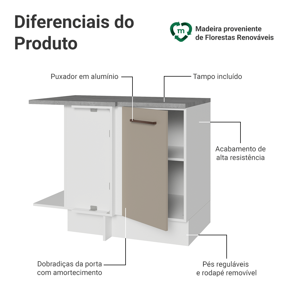 Balcão de Canto 1 Porta 60 cm Profundidade (Com Tampo) Branco/Crema Agata Madesa