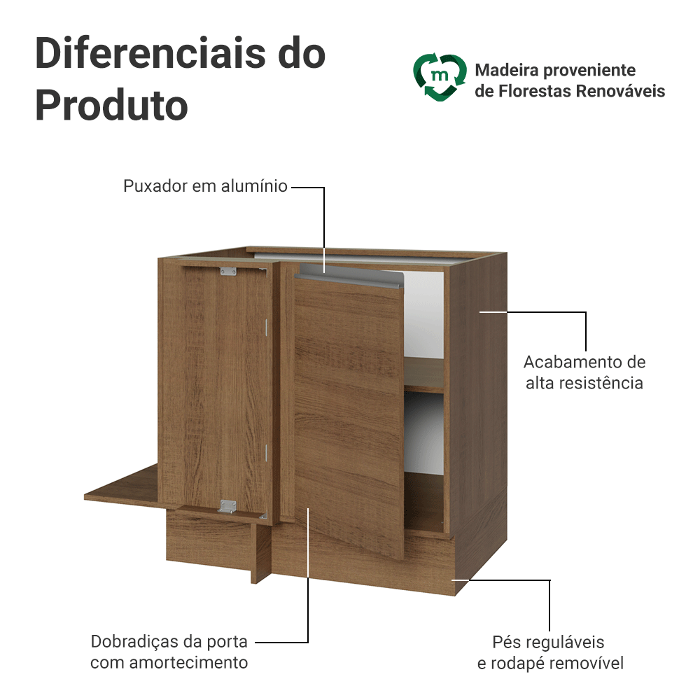 Balcão Cozinha de Canto 1 Porta 60 cm Profundidade (Sem Tampo) Rustic Glamy Madesa