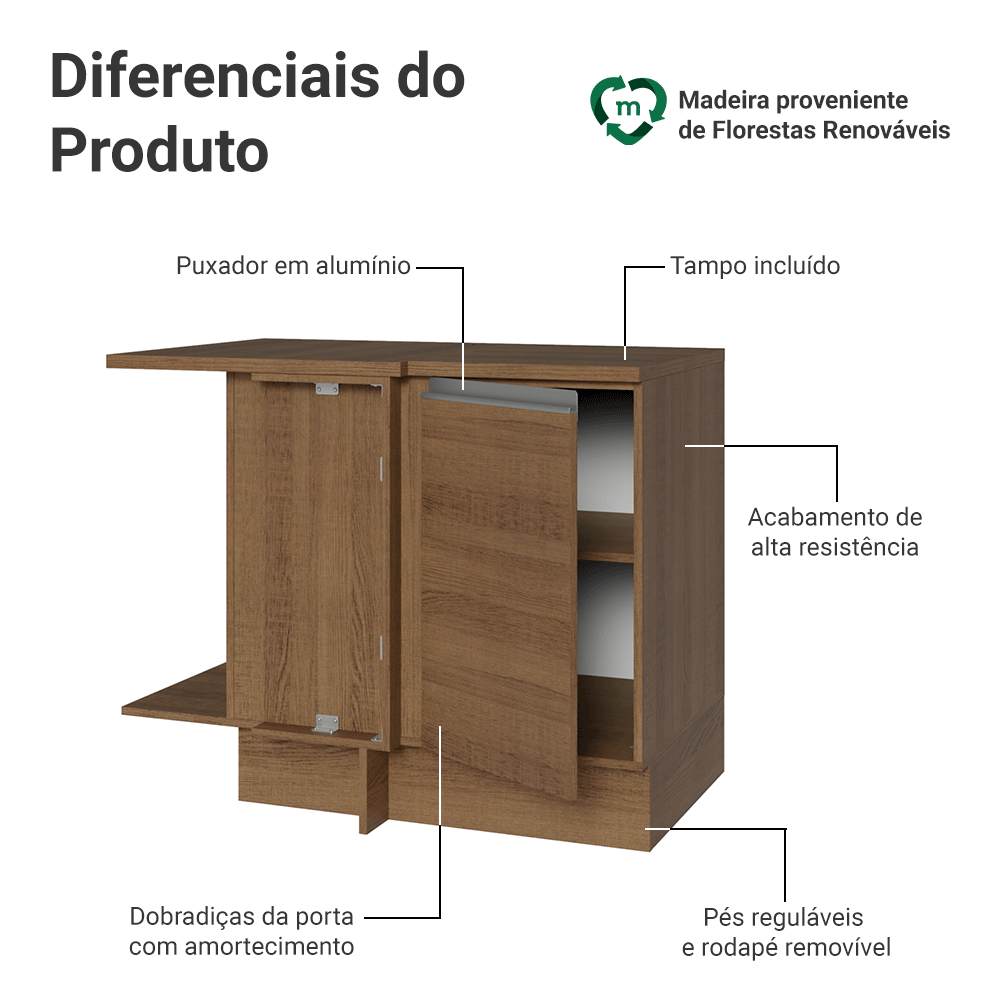 Balcão de Canto Madesa Glamy 1 Porta 60 cm Profundidade (Com Tampo) Rustic