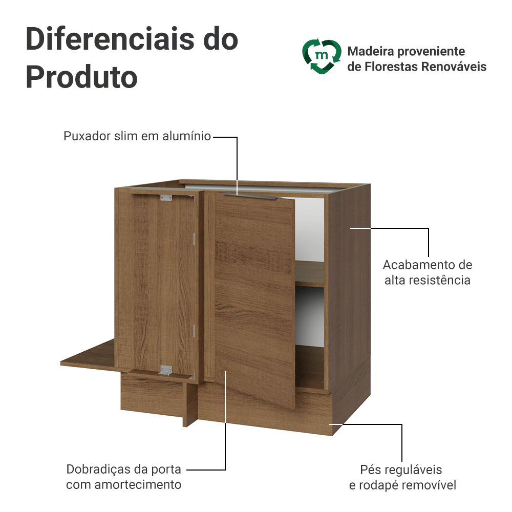 Balcão Cozinha de Canto 1 Porta 60 cm Profundidade (Sem Tampo) Rustic Stella Madesa