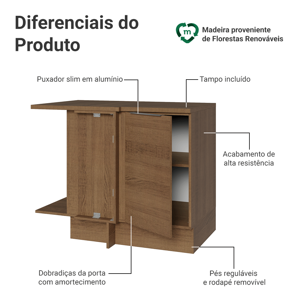 Balcão de Canto Madesa Stella 1 Porta 60 cm Profundidade (Com Tampo) Rustic