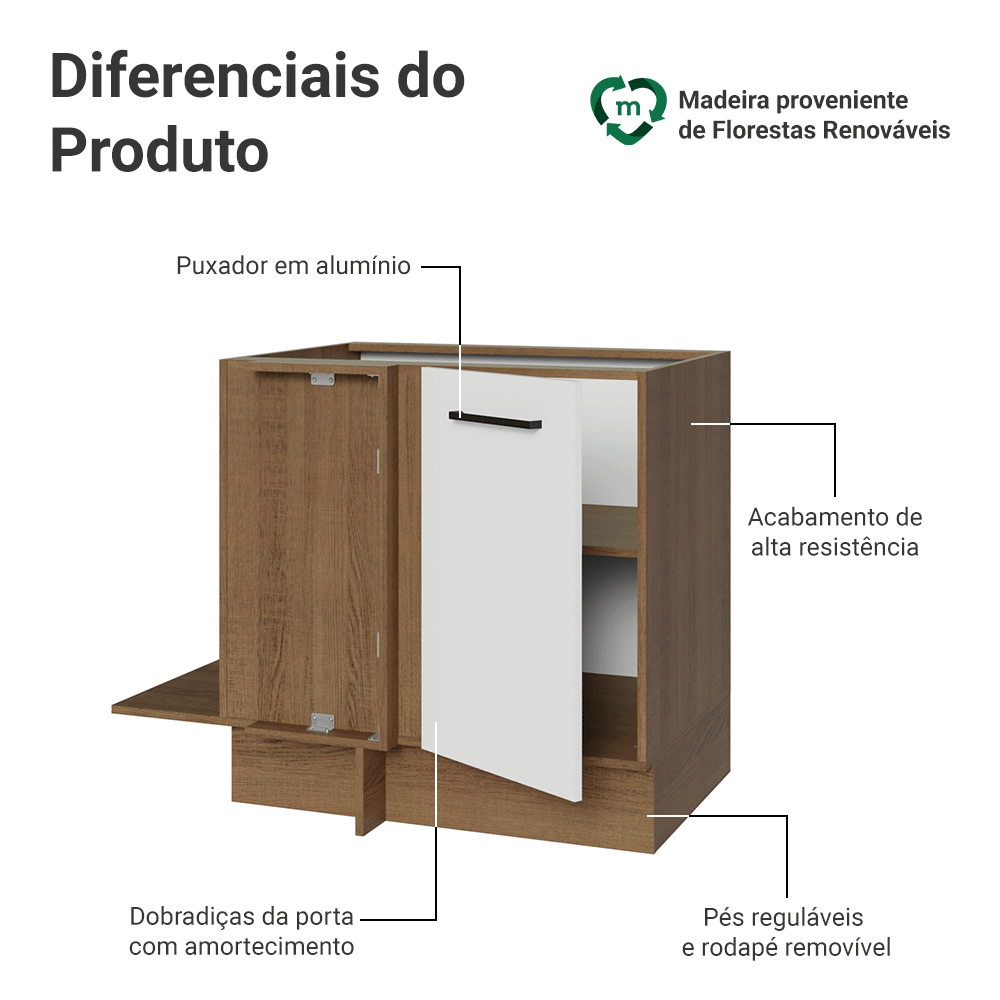 Balcão de Canto Madesa Agata 1 Porta 60 cm Profundidade (Sem Tampo) Rustic/Branco