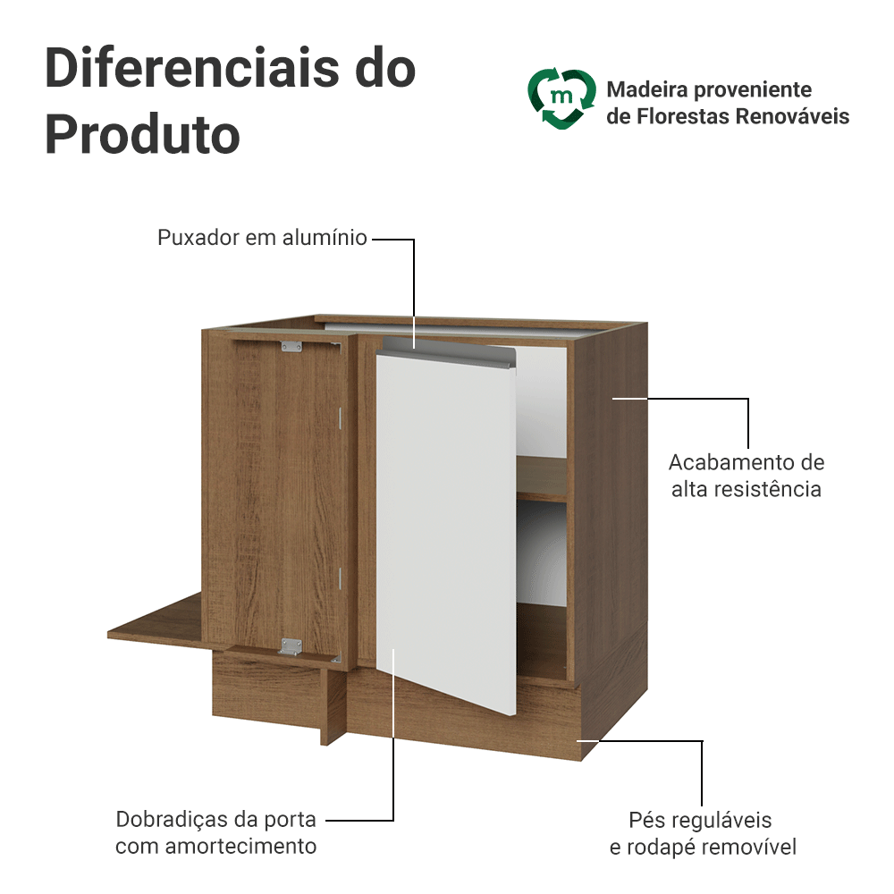 Balcão Cozinha de Canto 1 Porta 60 cm Profundidade (Sem Tampo) Rustic/Branco Glamy Madesa