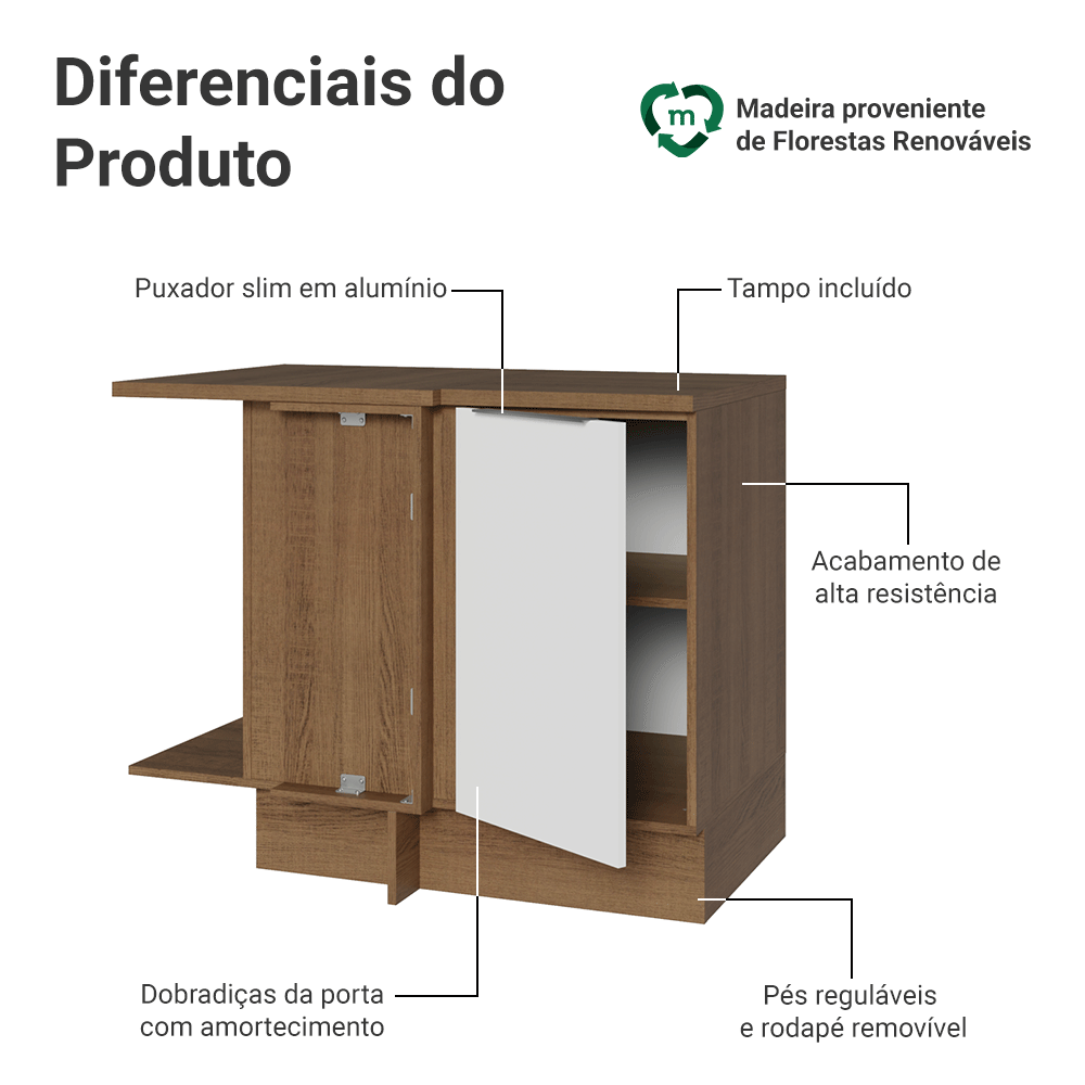 Balcão de Canto Madesa Stella 1 Porta 60 cm Profundidade (Com Tampo) Rustic/Branco