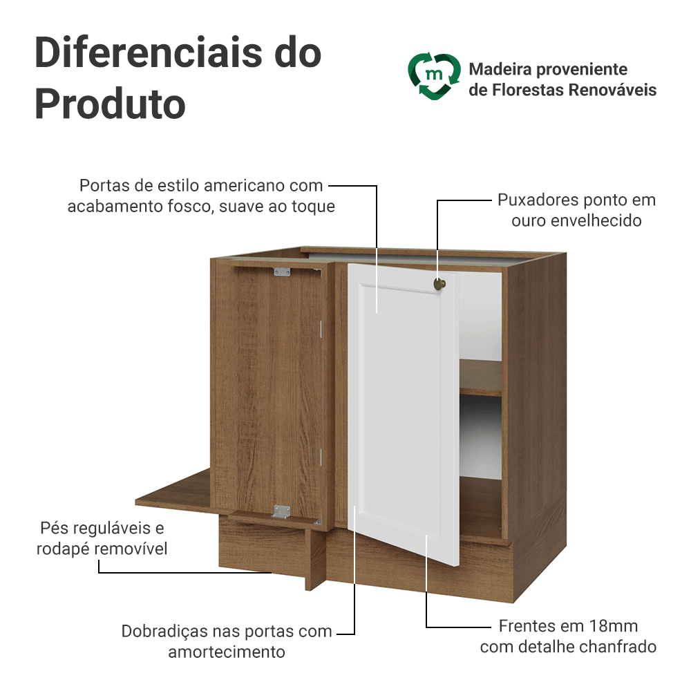 Balcão de Canto para Linha de 60 cm Profundidade (Sem Tampo) Rustic/Branco Vik Madesa