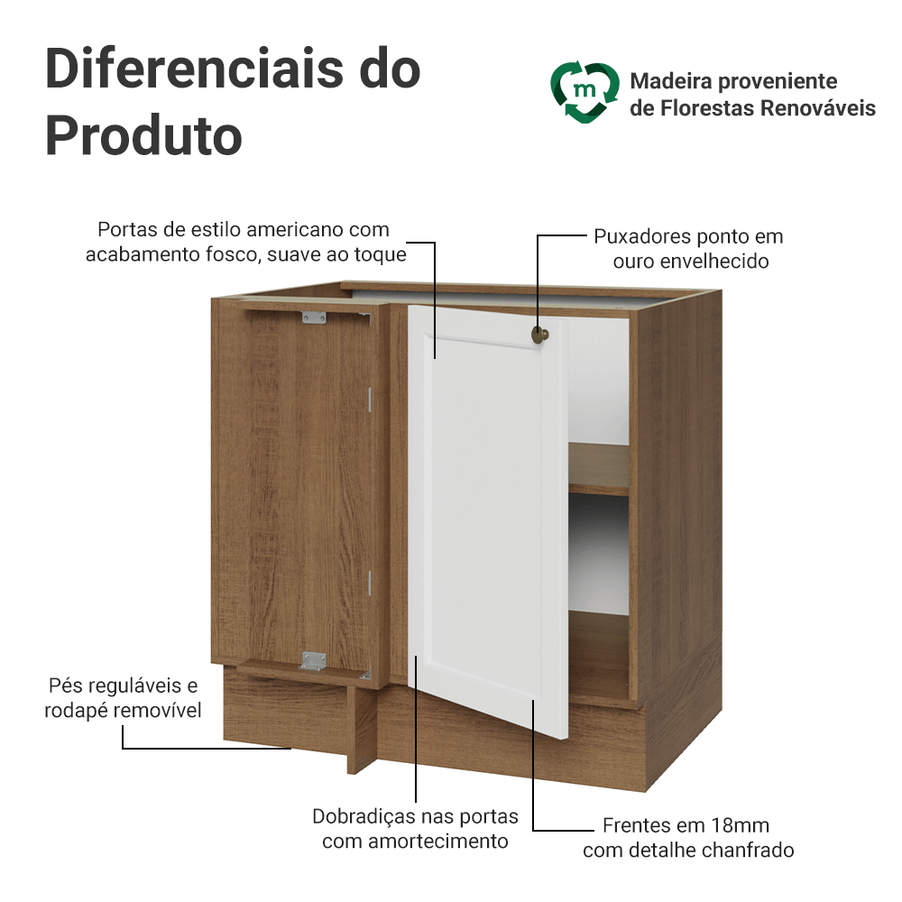 Balcão de Canto para Linha de 60 cm Profundidade (Sem Tampo) Rustic/Branco Vik Madesa