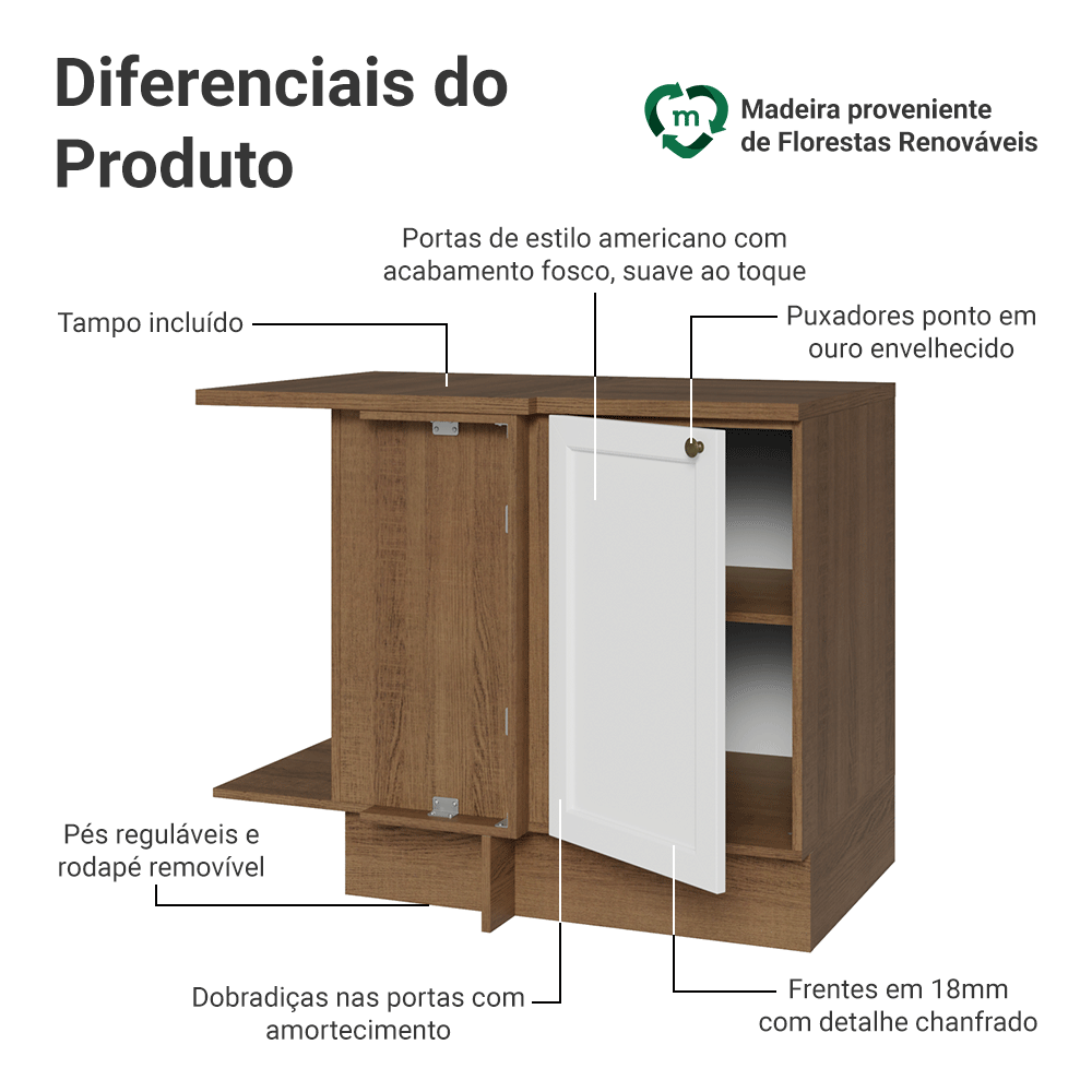 Balcão de Canto para Linha de 60 cm Profundidade (Com Tampo) Rustic/Branco Vik Madesa