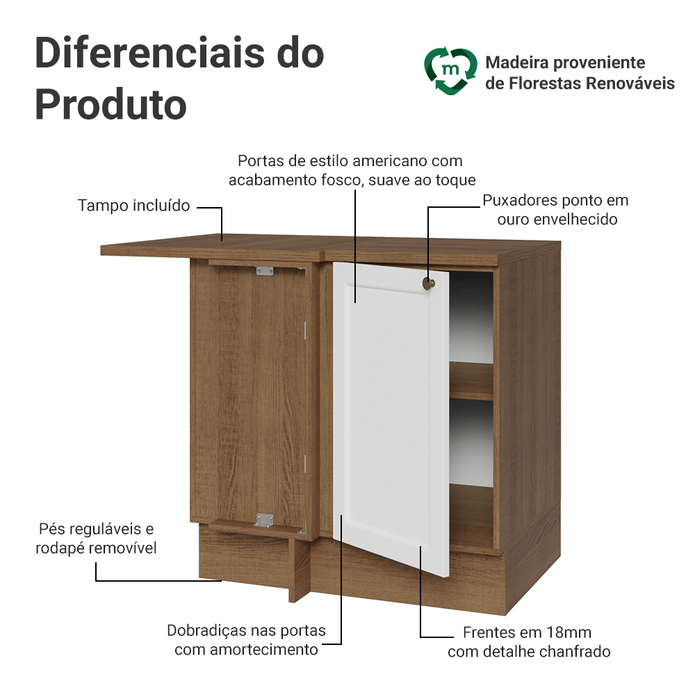 Balcão de Canto para Linha de 60 cm Profundidade (Com Tampo) Rustic/Branco Vik Madesa