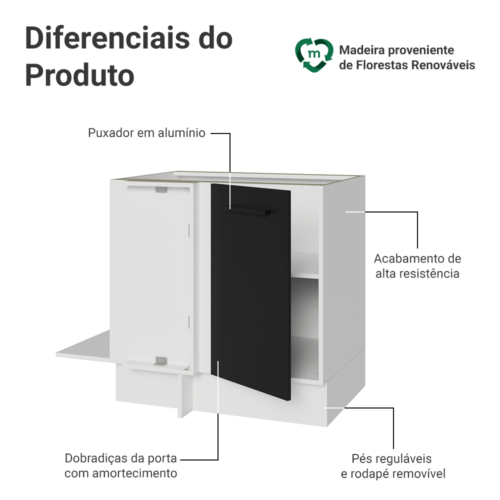 Balcão de Canto Madesa Agata 1 Porta 60 cm Profundidade (Sem Tampo) Branco/Preto