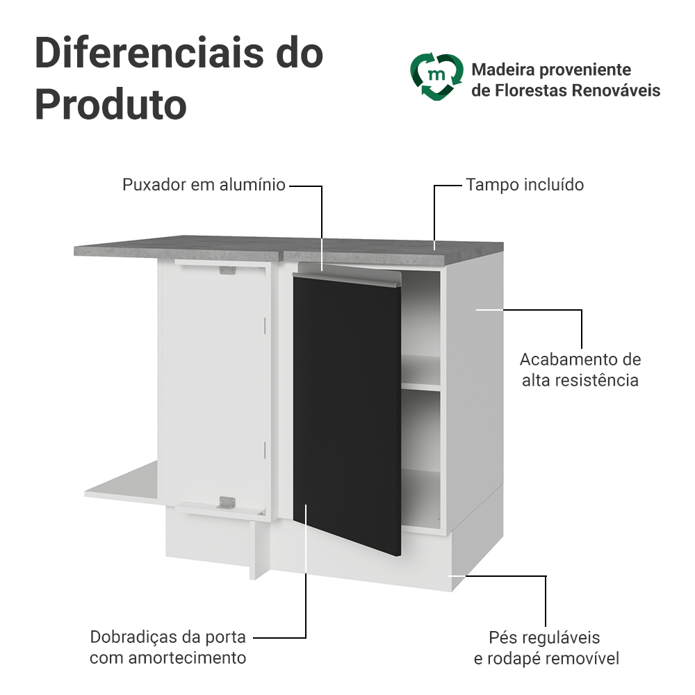 Balcão de Canto Madesa Glamy 1 Porta 60 cm Profundidade (Com Tampo) Branco/Preto