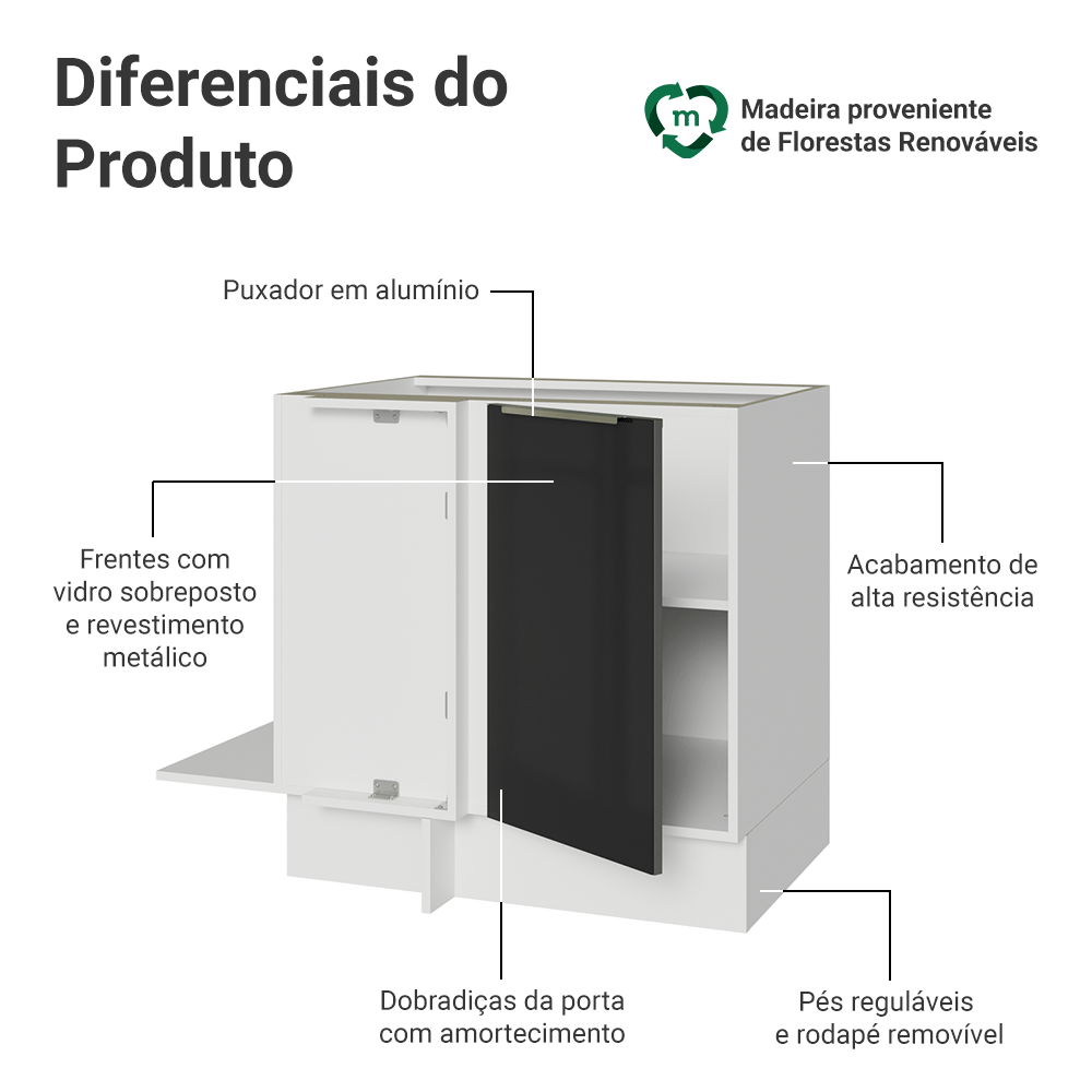 Balcão de Canto para Linha de 60 cm de Profundidade 1 Porta (Sem Tampo) Branco/Preto Lux Madesa