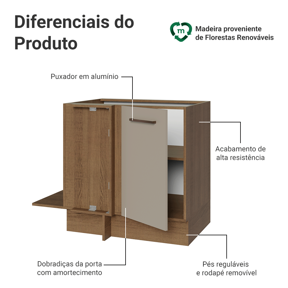 Balcão de Canto 1 Porta 60 cm Profundidade (Sem Tampo) Rustic/Crema Agata Madesa